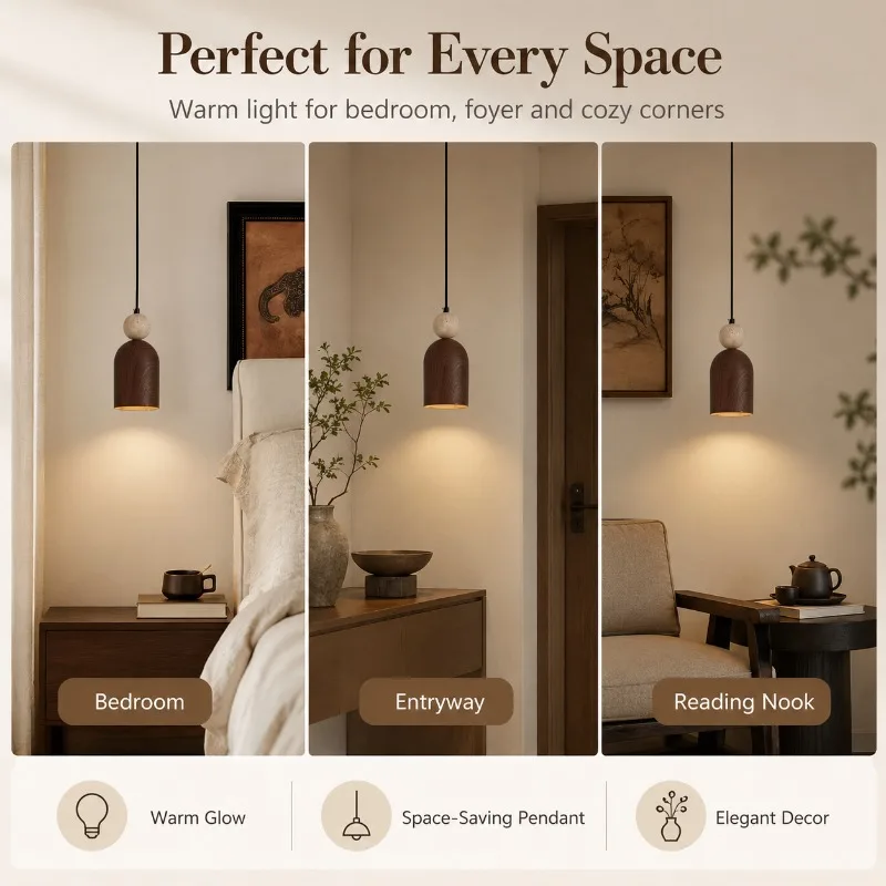 Vintage Chinese Onyx Stone Pendant Lamp with Walnut Wood Finish Adjustable Height for Bedroom Entrance Tri-Color Dimmable