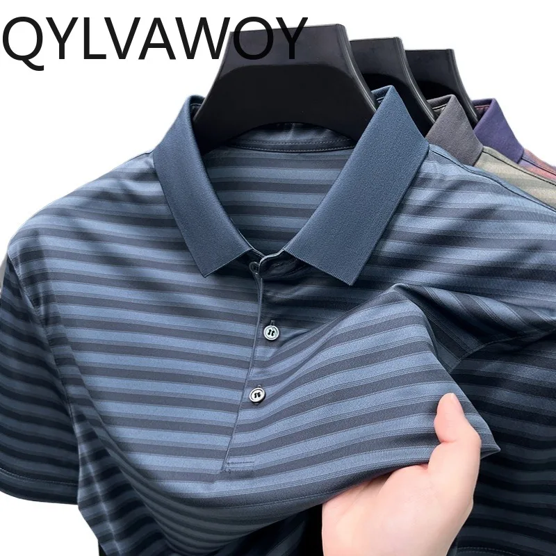 

QYLVAWOY Striped Polo Men's Shirts Short Sleeve Shirt Loose T Shirt for Man Lapel Tops Camisas Masculina Business Polo Shirt Man