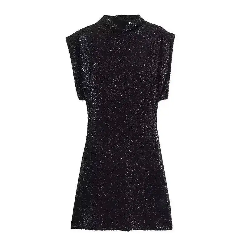 Glitter lantejoulas vestidos de festa moda feminina ombro almofada voar manga brilhante curto escondido zíper cintura alta mini vestido