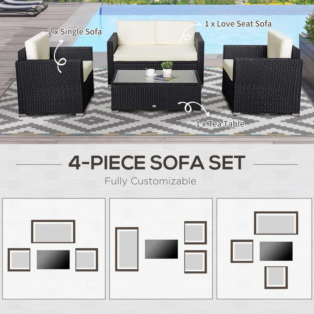 Set furnitur teras anyaman 4 buah dengan bantal, dengan 2 Sofa, kursi empuk, dan meja kopi dengan atasan kaca, Set Sofa taman