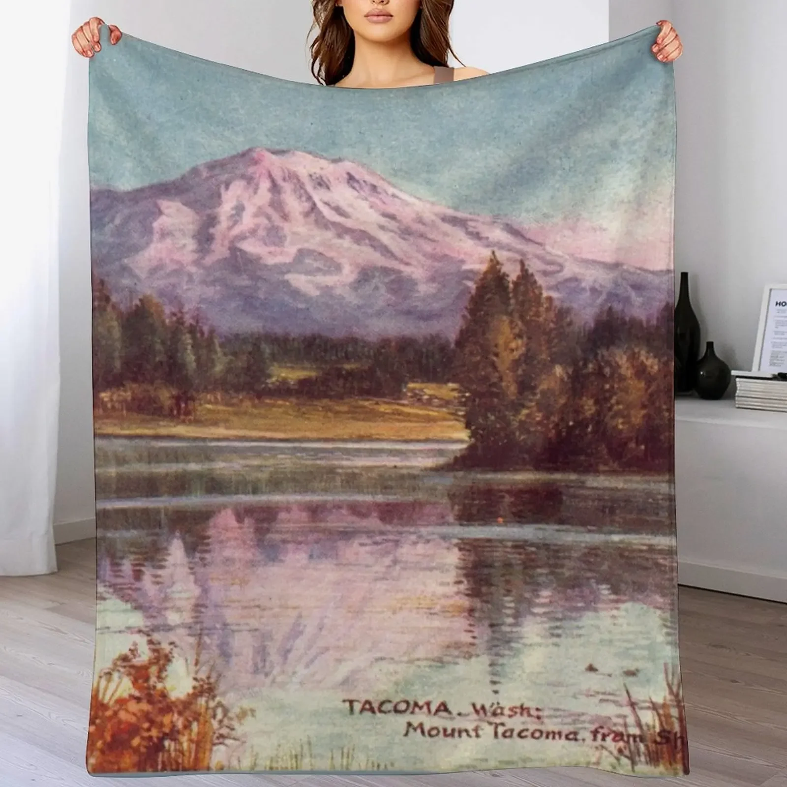 Mount Tacoma from Shanaway Lake - Washington Throw Blanket Sofa Quilt Sofas Furry sofa bed Blankets