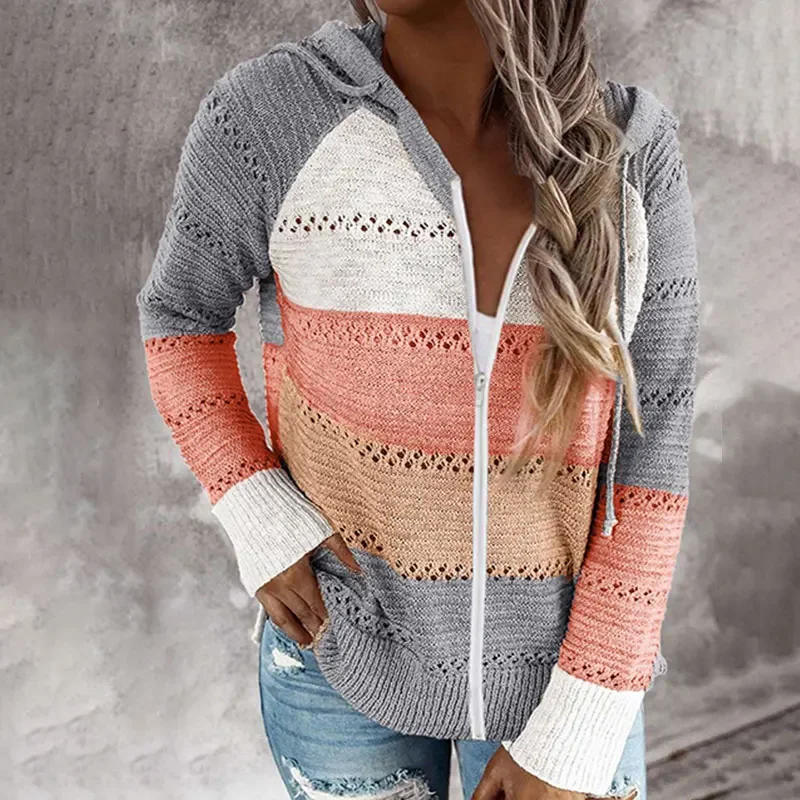 Autumn and Winter Simple Casual Commuting Contrasting Striped Zipper Hooded Long Sleeved Sweater for Women