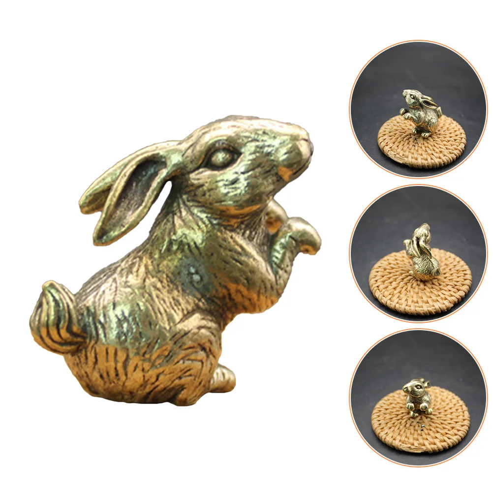 Retro Decor Brass Bunny Exquisite Rabbit Statue Small Miniature Tabletop Zodiac Decoration Golden Animal Statues