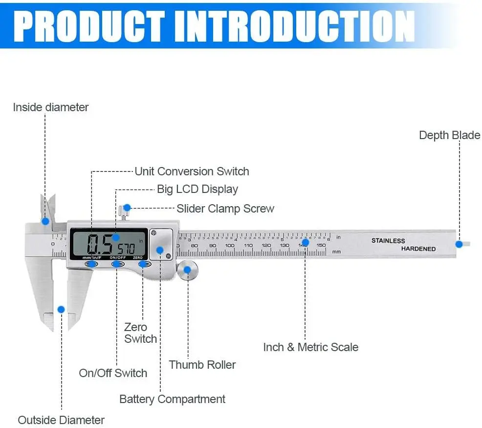 

Digital Caliper Measuring Tool, Stainless Steel Vernier Caliper Digital Micrometer with Large LCD Screen, Easy Switch from Inch