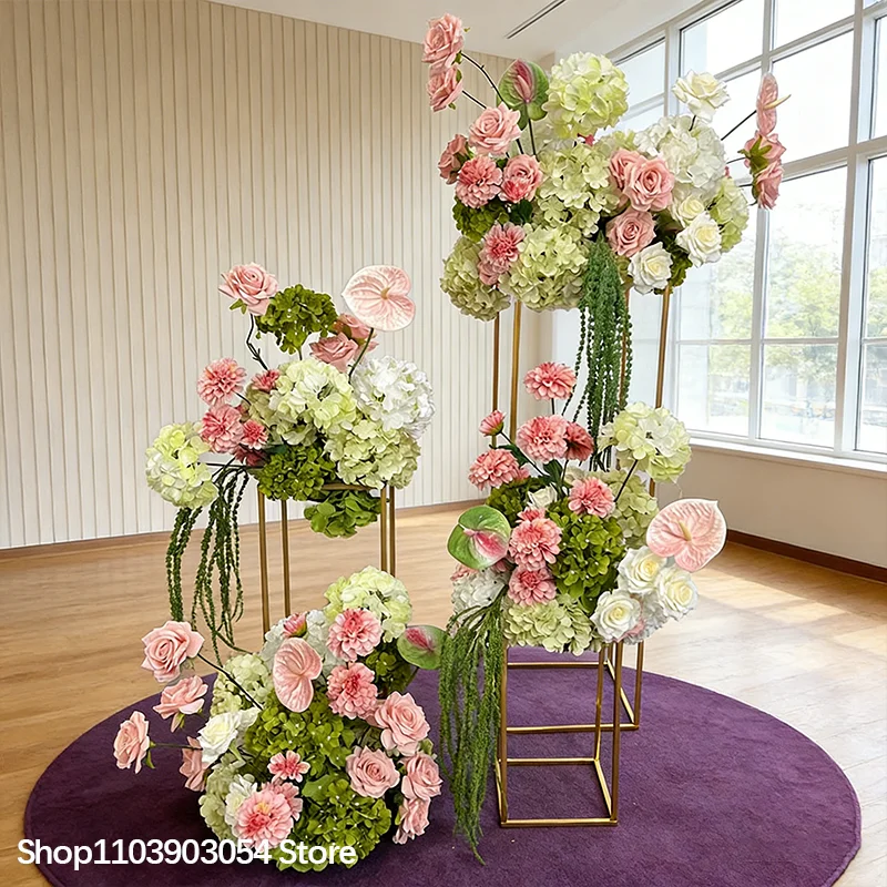 Rosa-grünes Hortensien-Anthurien-Blumenarrangement Luxuriöse Hochzeitstischdekoration Künstliche Blumen Deko-Blumen für Empfang – Detail 1