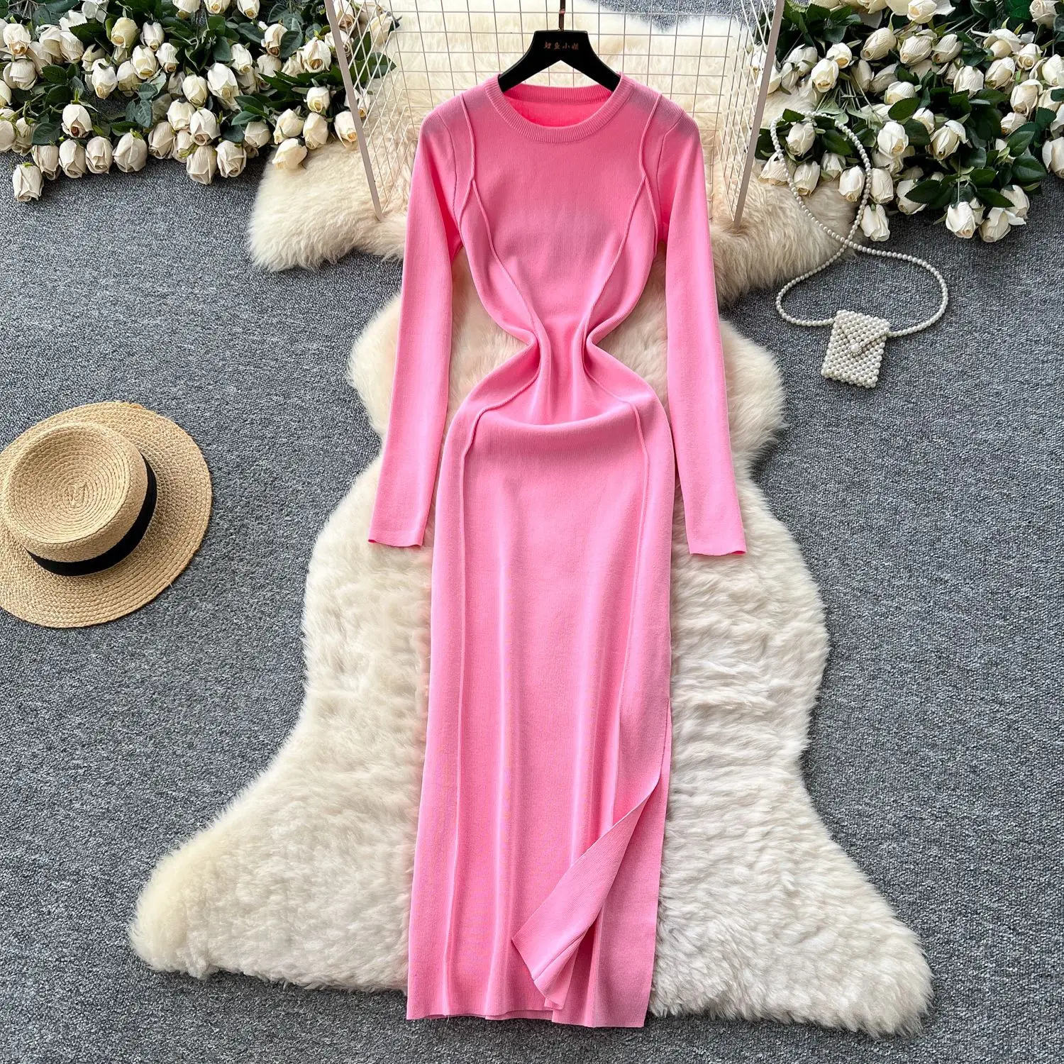 

Long Dress Women Knit Dresses Solid Vestidos Y2k Streetwear Round Neck Full Sleeve Slim Fit Elegant Splice Party Night Work 2025