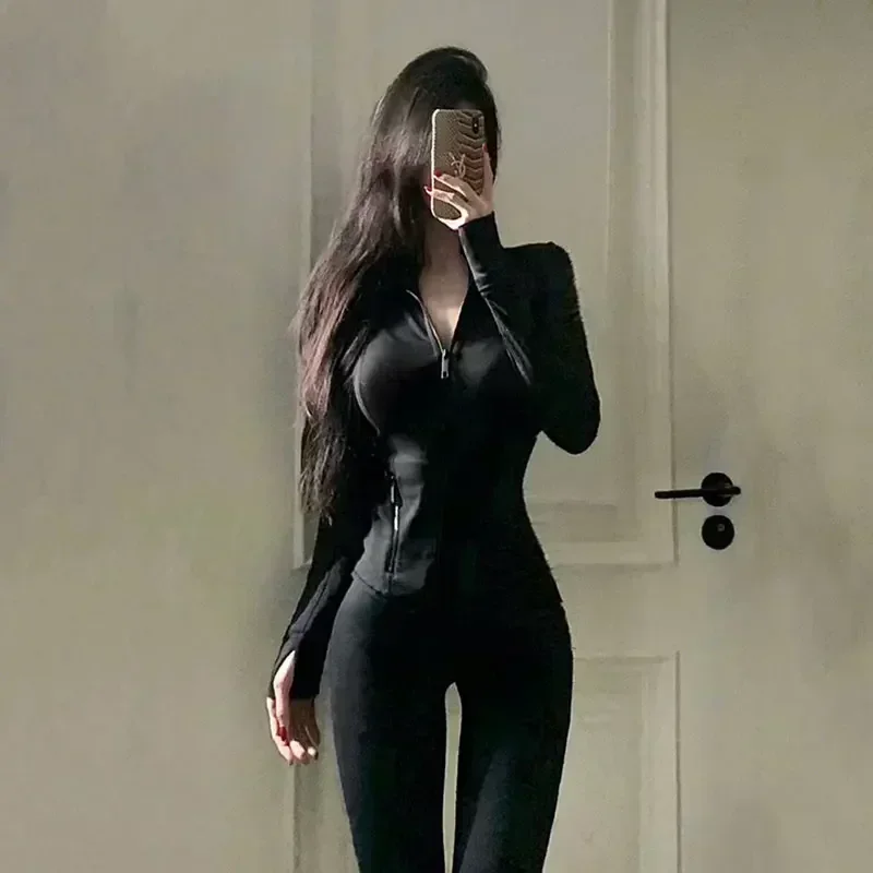 

Autumn Black Tight Yoga Coat Long Sleeve Slim Sexy Sport Cardigan Spring Women Zipper Stand Up Collar Breathable Running Top