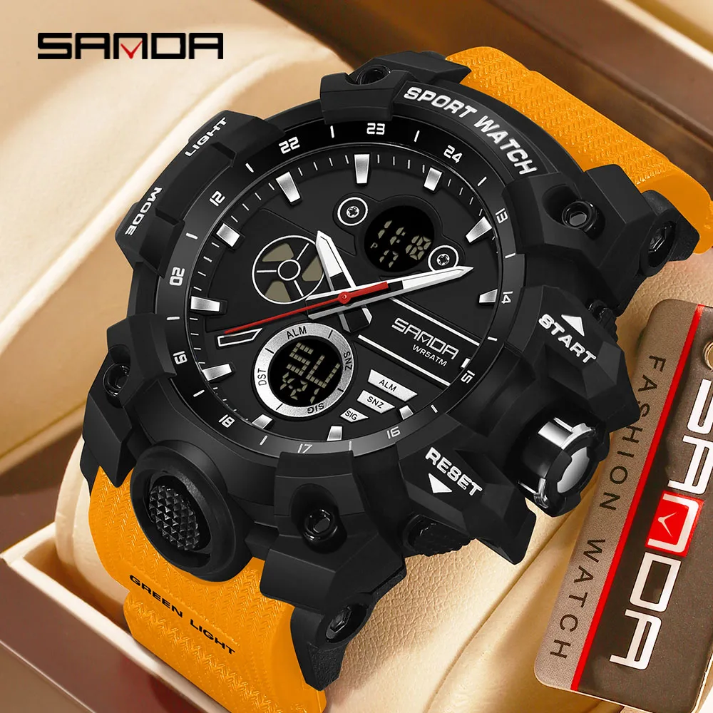 

SANDA 9094 New Classic Men's Military Watch Double Time Glow Waterproof TPU Band Chronograph Day Sports Wristwatch Male 2026