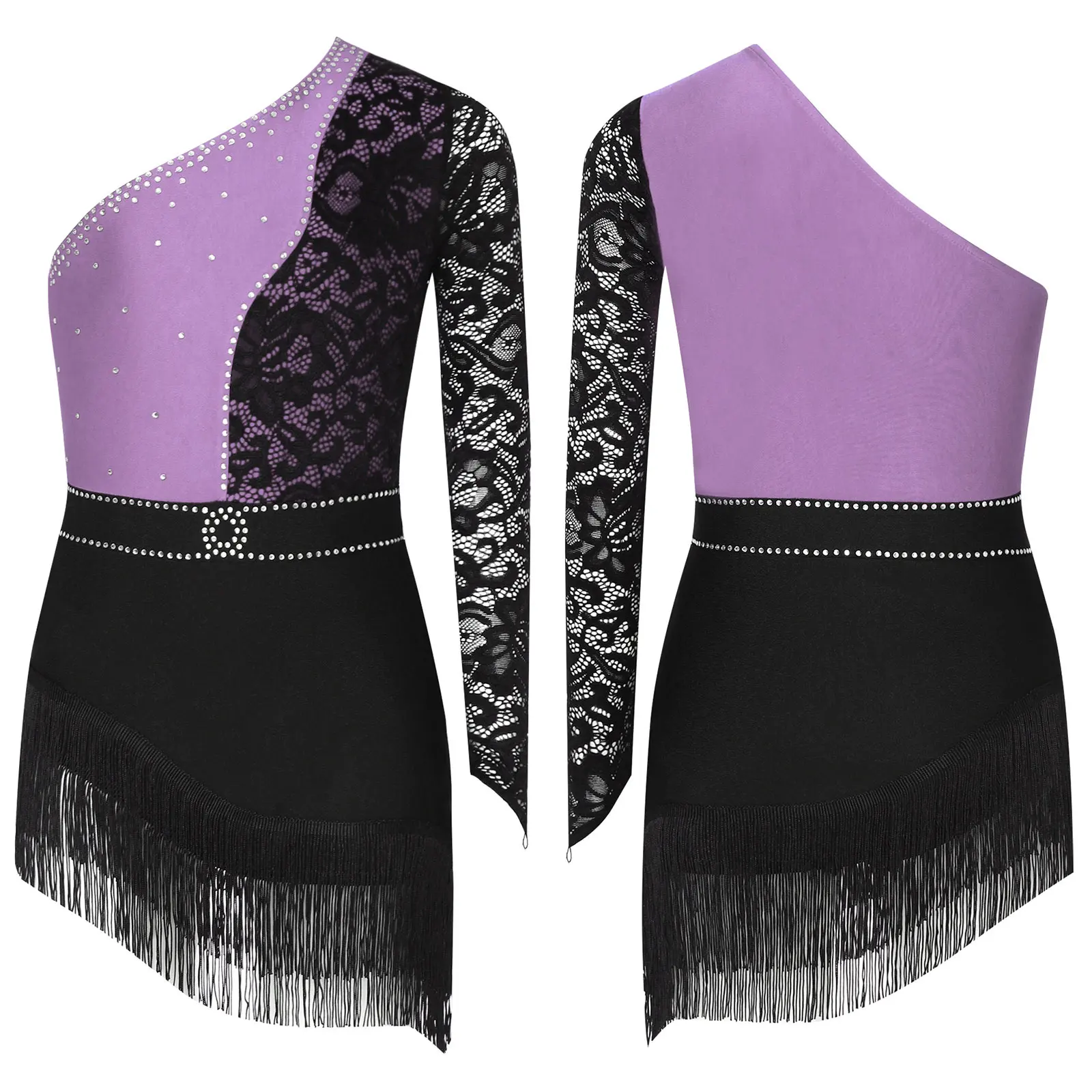 

Girls Skating Latin Leotards Dress Lace One Long Sleeve Patchwork Tassels Bodysuit Dancewear Samba Jazz Gymnastic Dance Costume