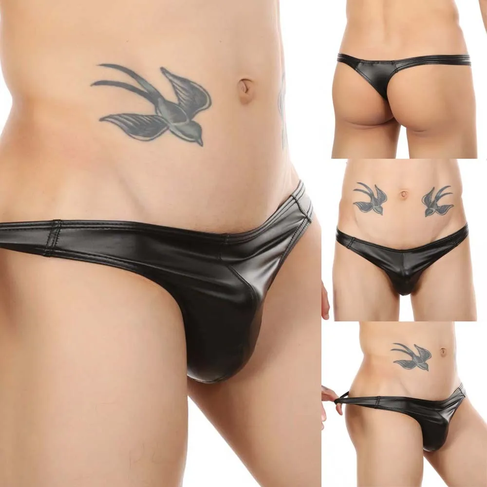 กางเกงบุรุษบิกินี่Breathable FauxหนังG-Stringชุดชั้นในLow Riseเซ็กซี่T-Back Thongsคุณภาพสูงยี่ห้อใหม่