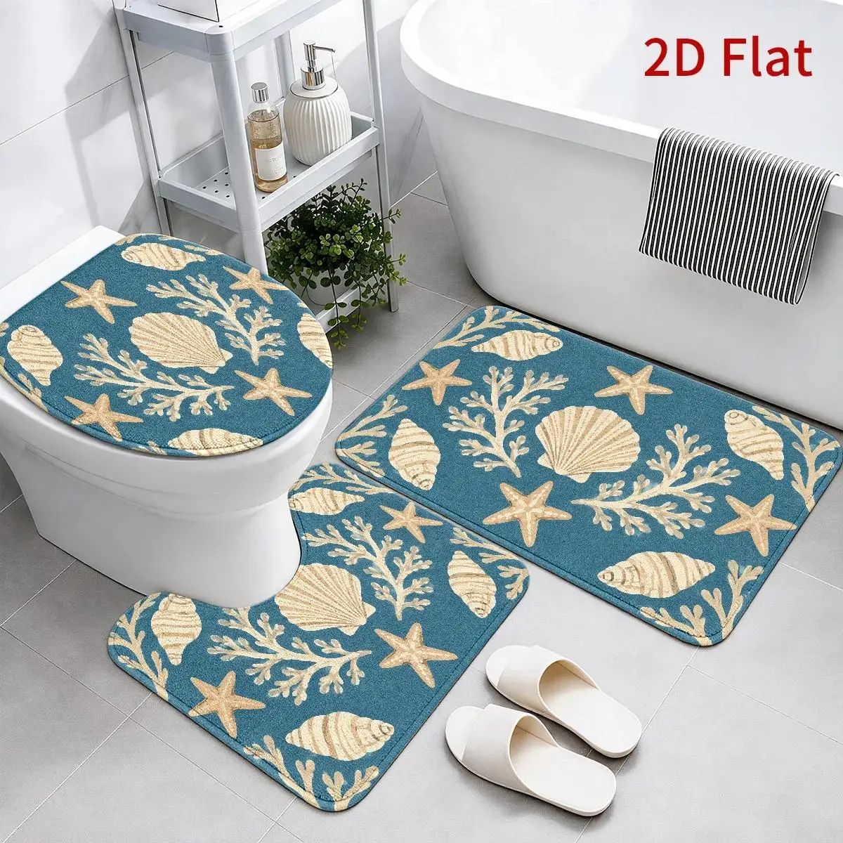 Coastal Beach Sea Life Bath Mat Set 3 Piece Bathroom Decor Rugs for Master Bath Tropical Nautical Style