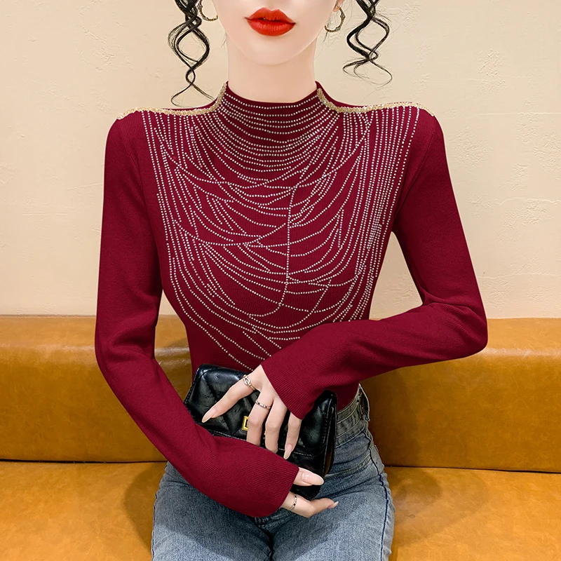 

Осень-зима женский вязаный свитер тонкий полувысокий воротник пуловеры с бриллиантами топы тонкий трикотаж с длинными рукавами
