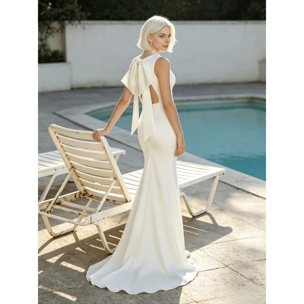 Customized Minimalist Sleeveless High Neck Satin Mermaid Wedding Dresses 2026 New Slimming Back Butterfly Dew Back Bridal Dress