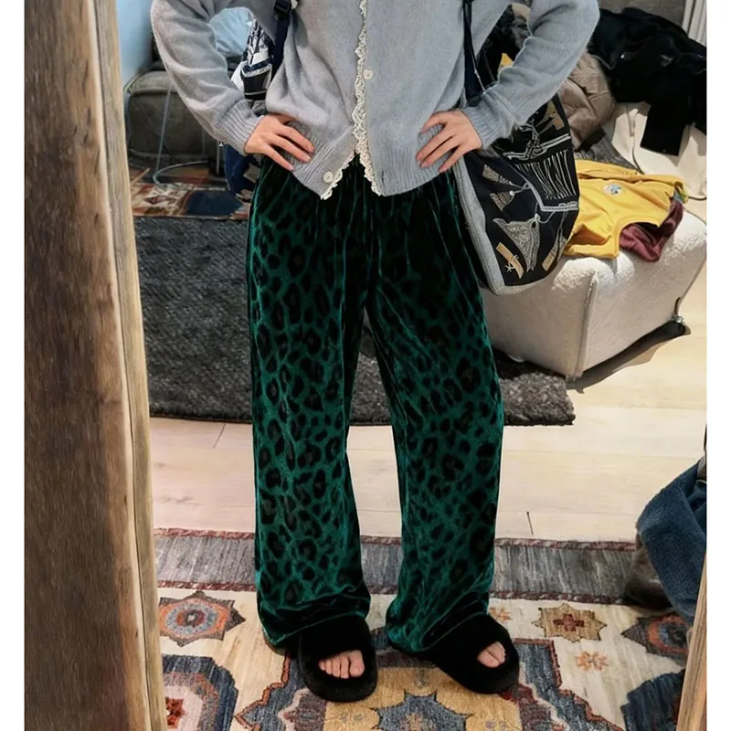 Soft Leopard Print Pant Women Casual Ankle-Length Pant Versatile High Waist Loose Straight Trousers Autumn Winter