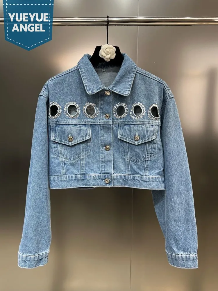 

Fashion Women Autumn Diamonds Hollow Out Denim Jacket Lapel Collar Short Coat Casual Streetwear Tops High Street Female Jackets