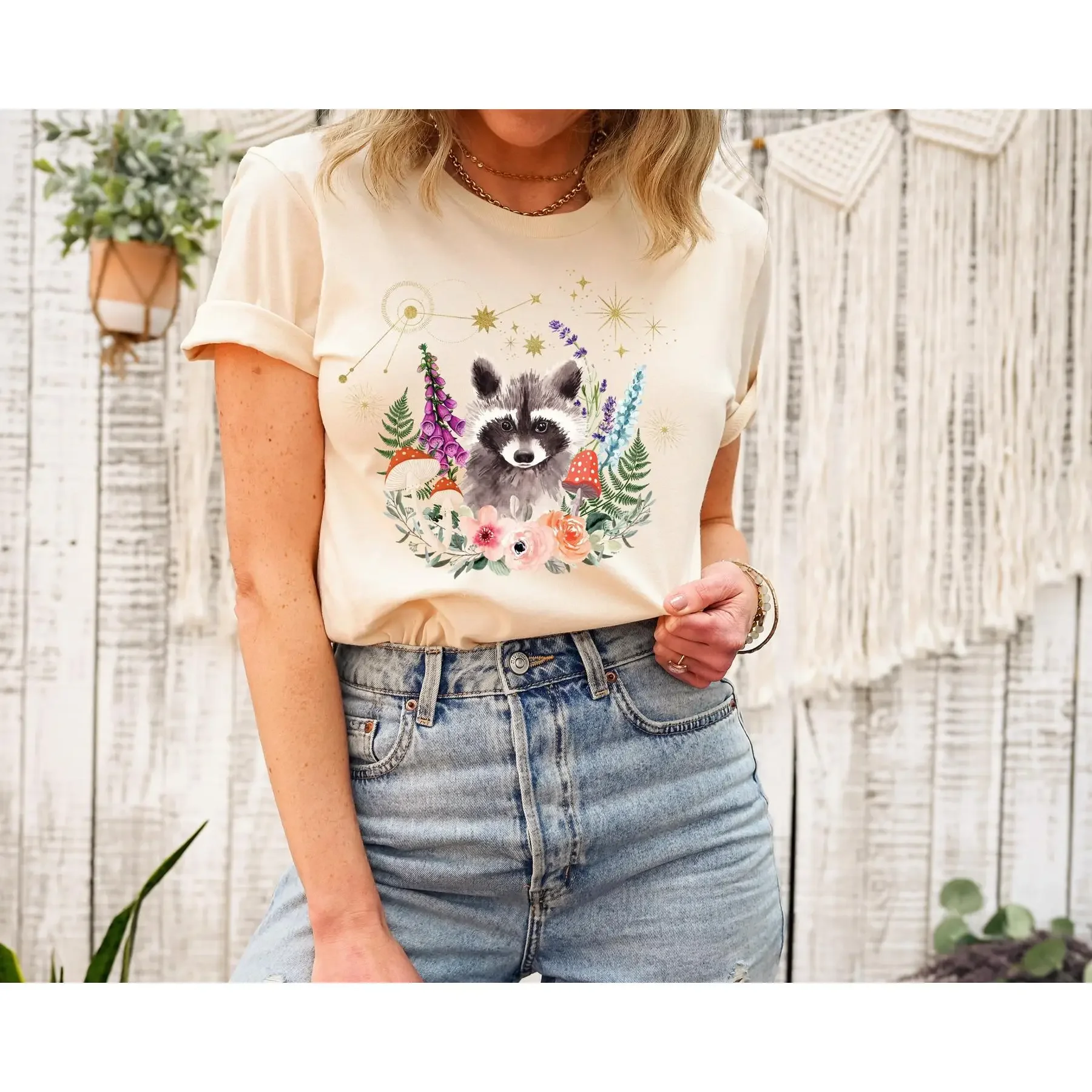 

Футболка Cottagecore Woodland Raccoon Witchy Vintage Botanical Mushroom Celestial Goblincore Oversized