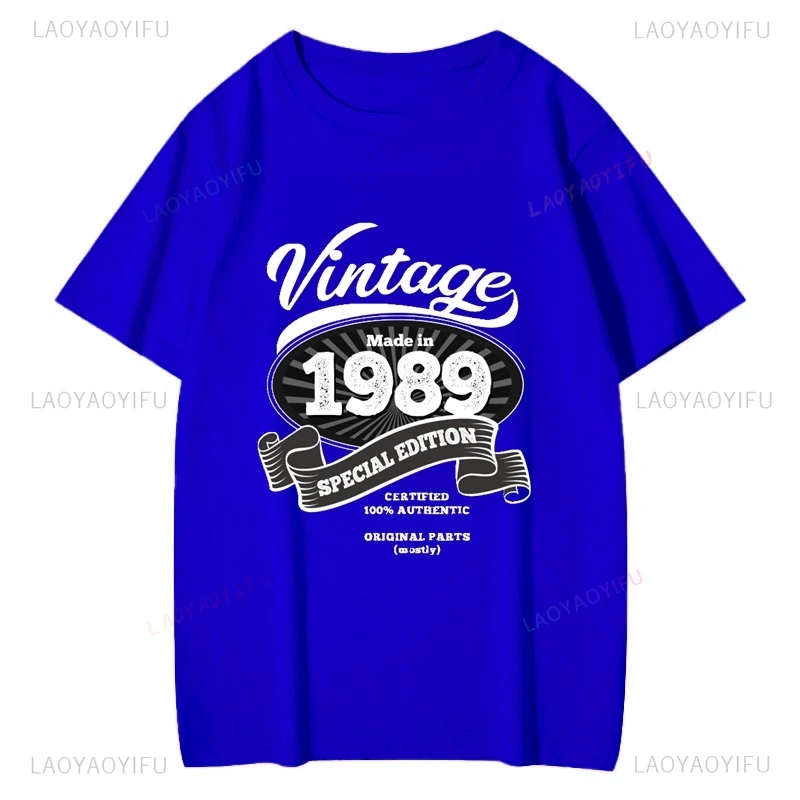هدية تذكارية لعيد ميلاد 1989، بلوزة منقوشة على الطراز العتيق، قميص بأكمام قصيرة للجنسين، تي شيرت قطني للشارع اليومي