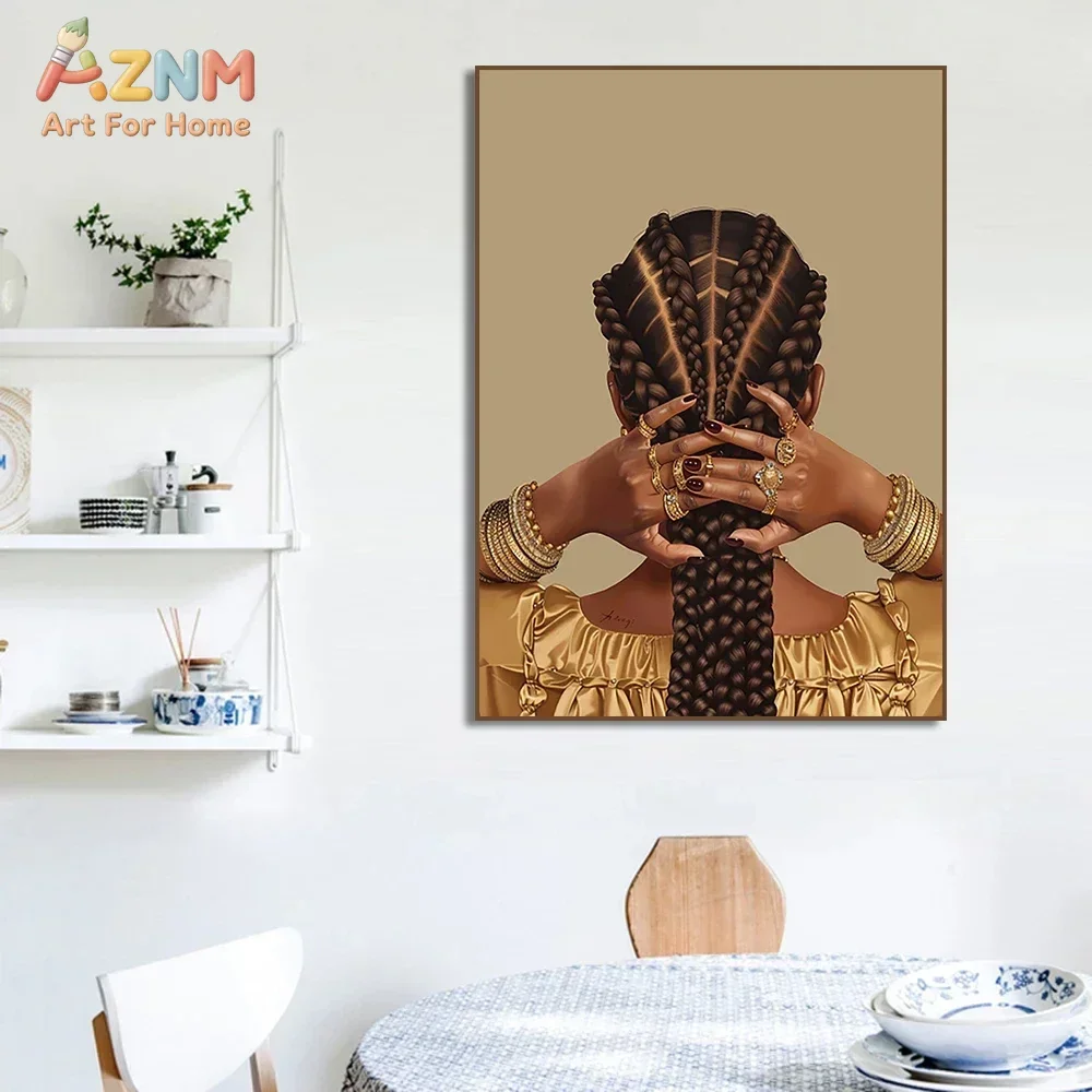AZNM Black Woman Braids Fashion Canvas Wall Art, Melanin African American Lady Hands Jewelry High Heels Print, Unframed Canvas P
