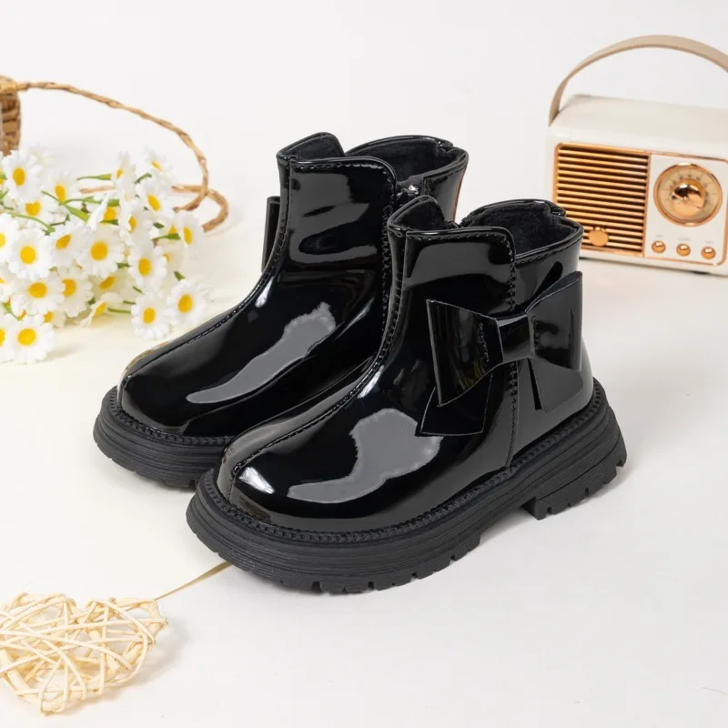 Children's Leather Red Boots Kid Girl Side Bowknot Thick Sole Flat Booties Child Warm Plush lining Short Chelsea Ankle Botas