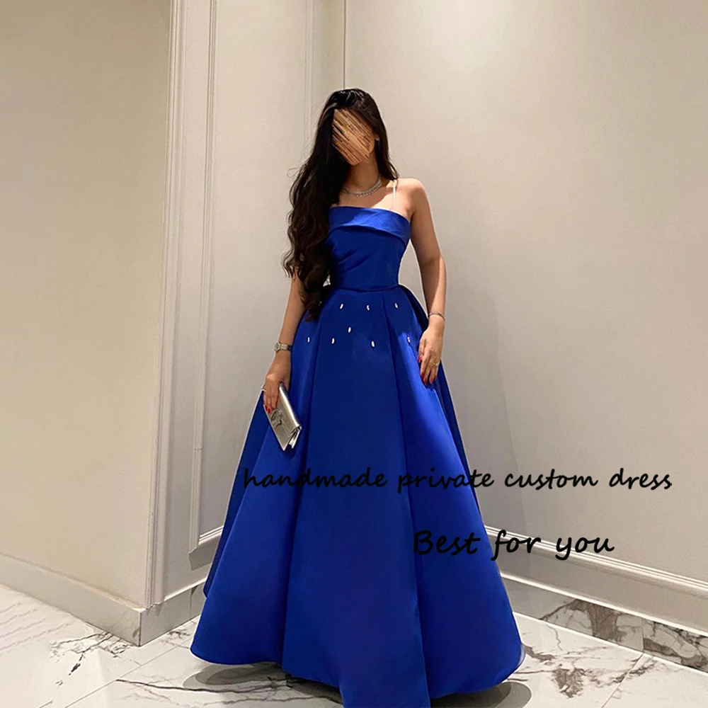 

Royal Blue Evening Dresses for Women Beaded Satin Strapless A Line Prom Dress Arabian Dubai Formal Party Gowns