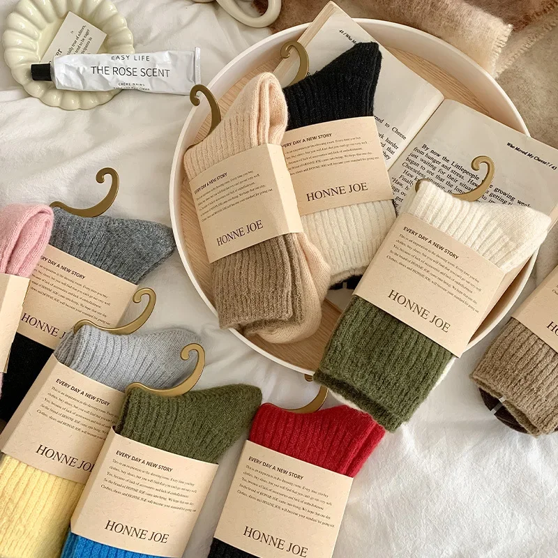 1pair Autumn and Winter Combination Color Women's Socks Warm Tube Thick Wool Socks Solid Color New Women's Socks