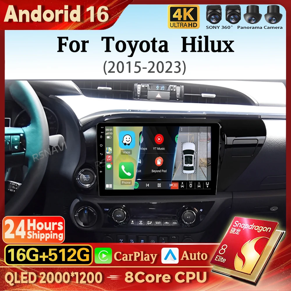 Radio Multimedia para Auto con Pantalla 2K y Android 16 Carplay para Toyota Hilux 2015 2017 - 2023 2din Qualcomm Stereo 16G-512G