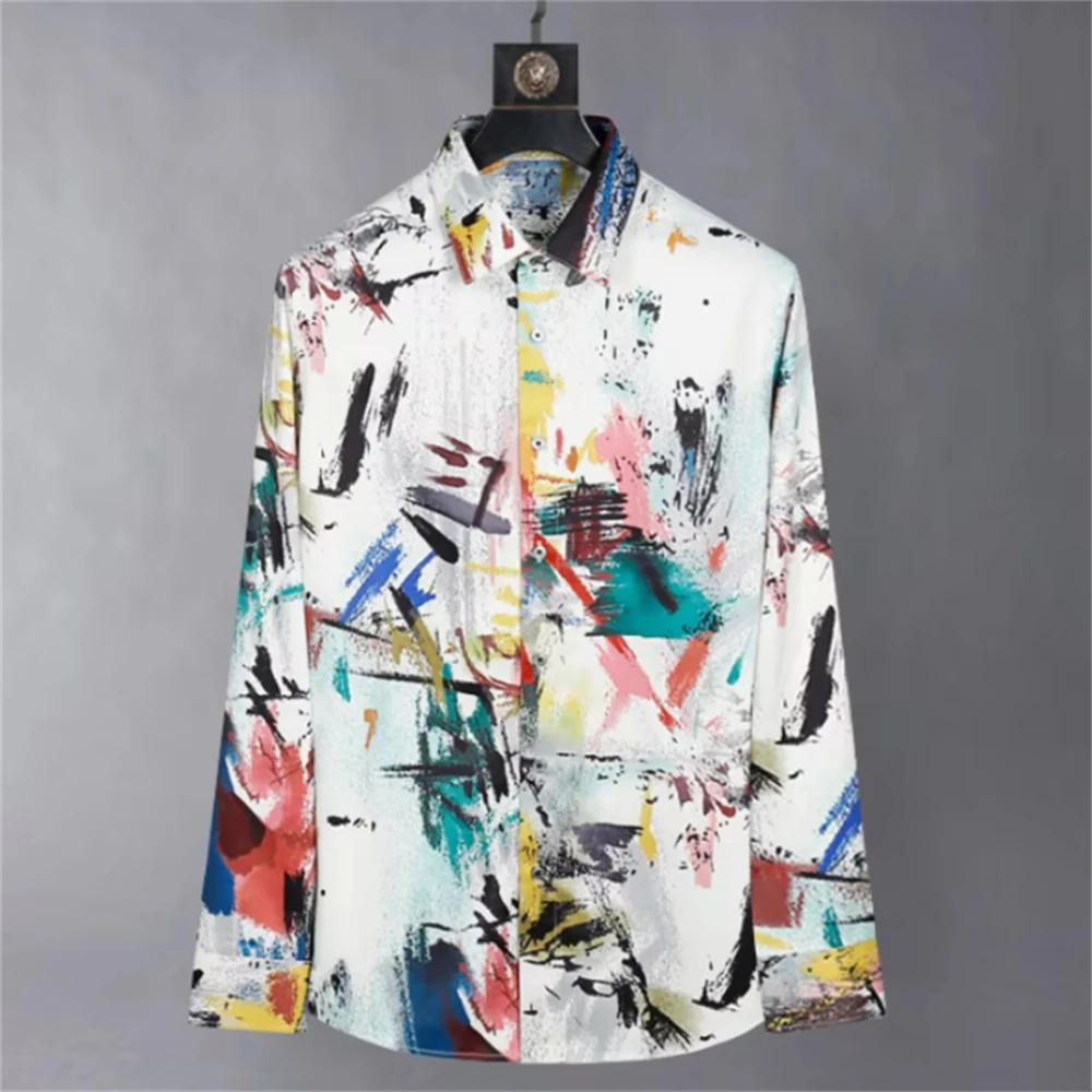 2025 Luxury Graffiti Printed Shirt Men's Long Sleeve Casual Shirt Fashion Street Korean Premium Large Size Men's Clothing