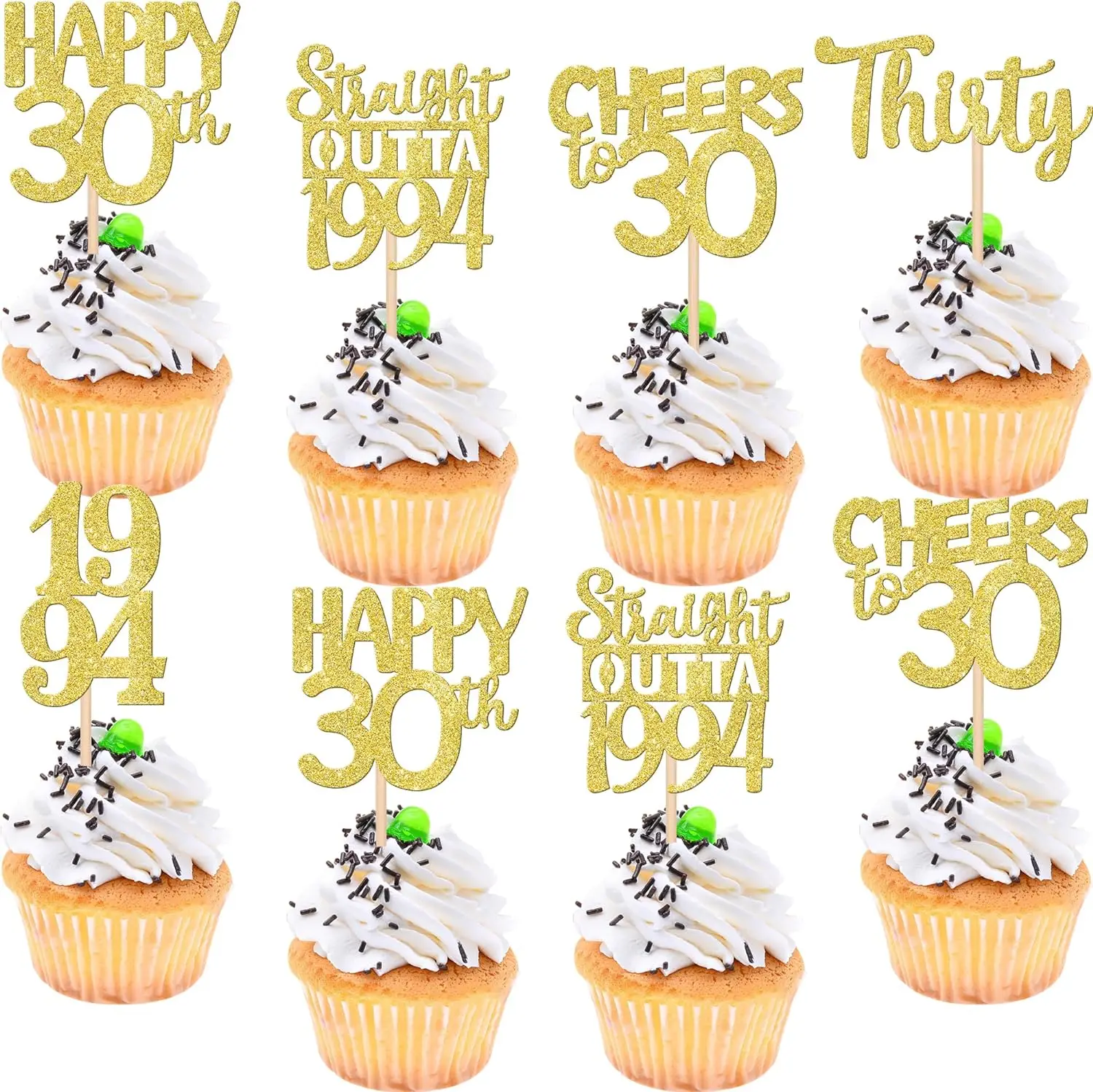 24 PCS Straight Outta 1994 Cupcake Toppers Gold Glitter Thirty Happy 30th Birthday Cupcake Picks Cheers to 30 Years Cake Decorat