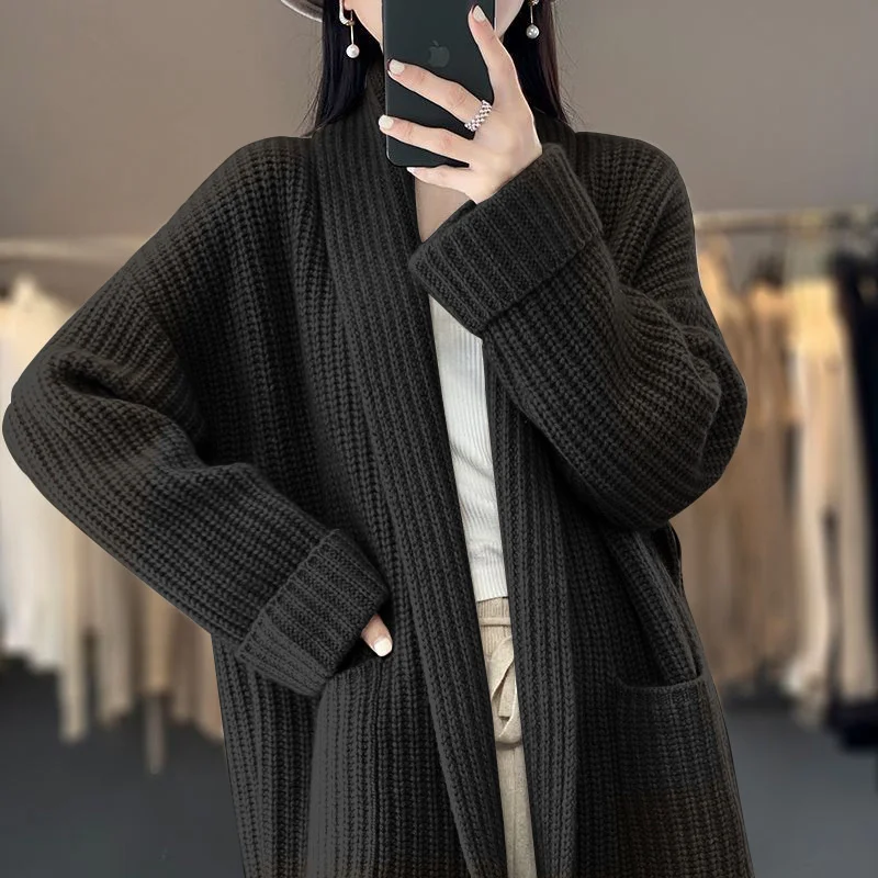 

Mid-Long Cardigans Woman Womens Winter Cashmere Lap Double-Pocket Thickening Front-Open High-Grade V-Neck Varsity-Striped Tender