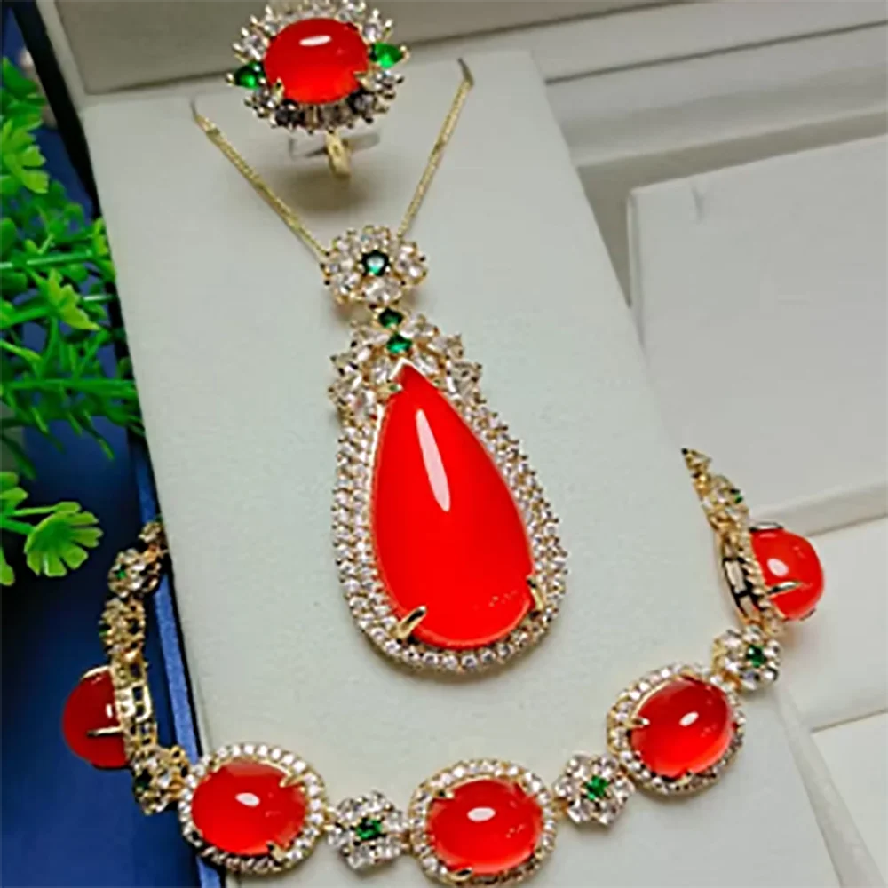 

Natural Red Jade Water Drop Pendant Necklace With Zircon Emerald Carnelian Flowers Bracelet And Rings Women Jades Jewellery Sets