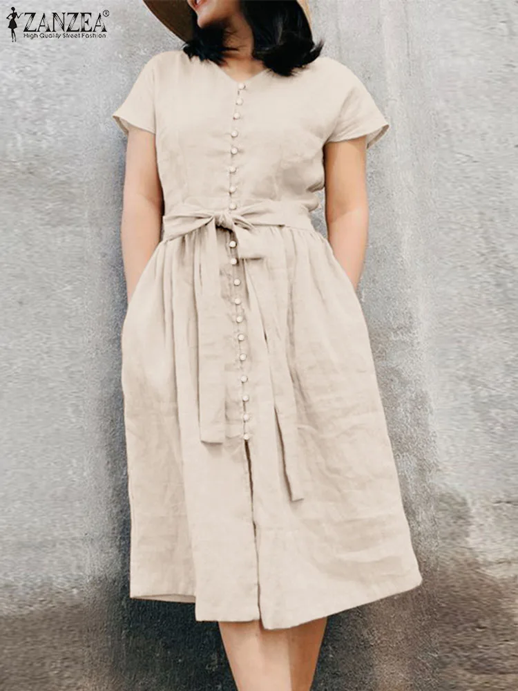 

ZANZEA Summer Vintage Solid Dress Woman Elegant A Line Sundress Fashion Office OL Vestidos Short Sleeve O-Neck Dresses Oversized