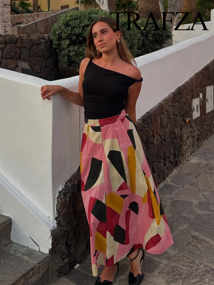 

TRAFZA женская летняя новая модная универсальная юбка-миди с принтом на молнии женская сексуальная темпераментная тонкая юбка трапециевидной формы с высокой талией Mujer