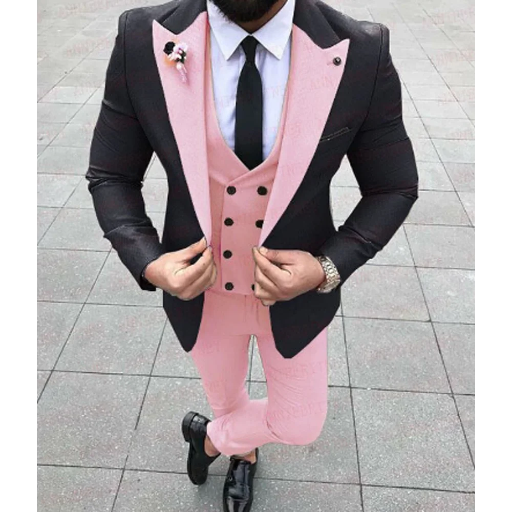 

Pink men's suit with black jacket 3-piece wedding bridegroom Tailcoat formal business party suit (jacket+vest+trousers)