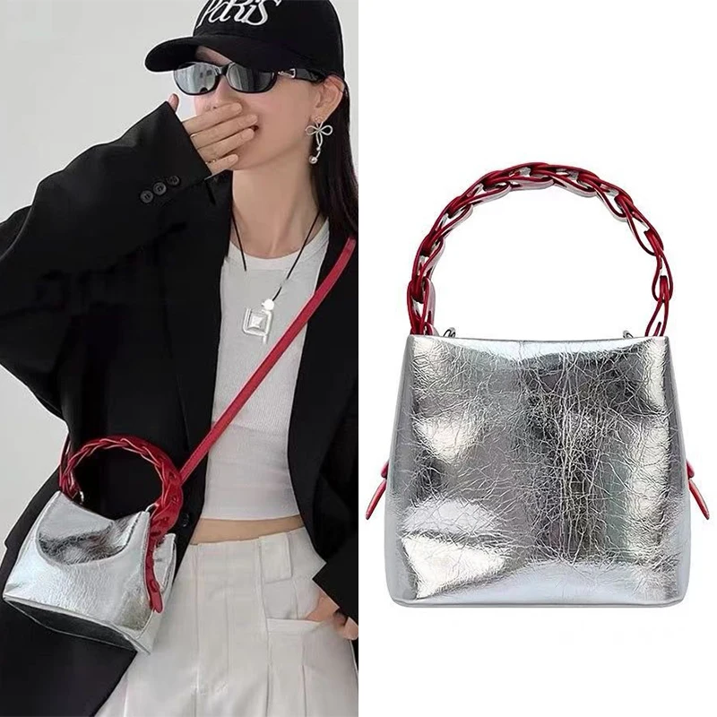 

Brand Luxury Designer Literary Holiday Beach Bag Pu Material Soft Leather Bucket Bag Wax Silver Handbag Shoulder Bag Women New