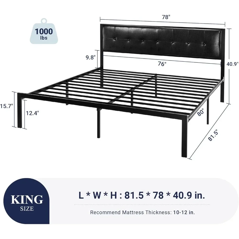 King Size Bed Frames with Faux Leather Headboard for Kids, Platform Bed Frame with 12.4” Underbed Storage, No Box Spring Needed