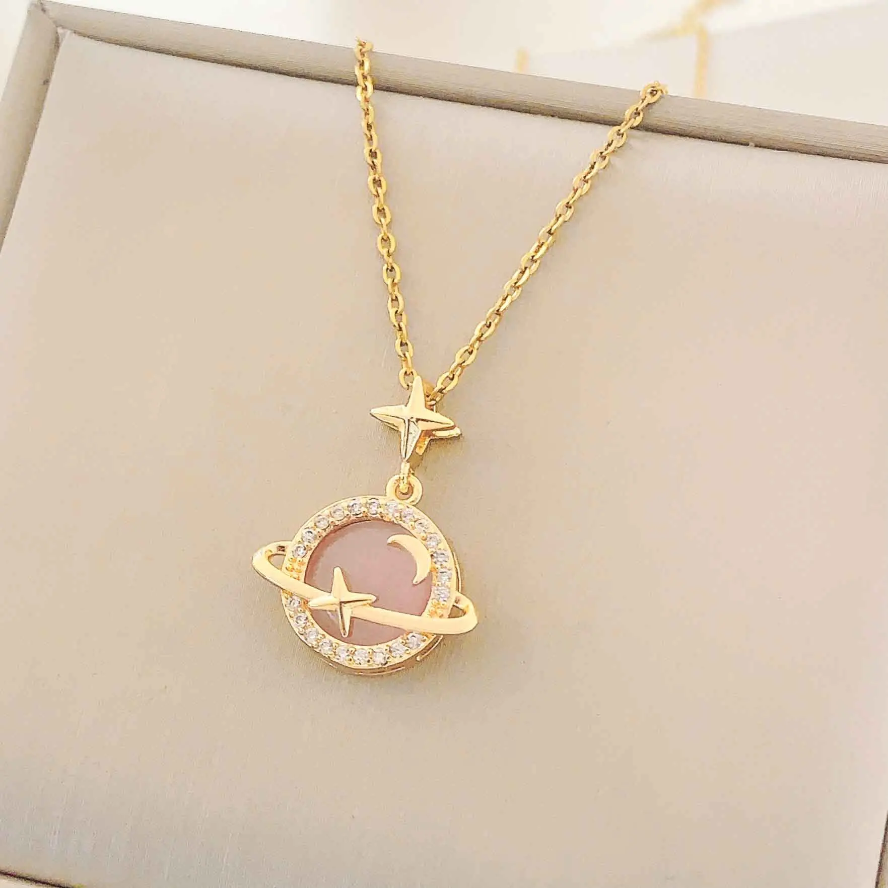 Exquisite Starry Sky Planet Light Luxurious Temperament Gorgeous Necklace Star and Moon Versatile Stainless Steel Clavicle Chain