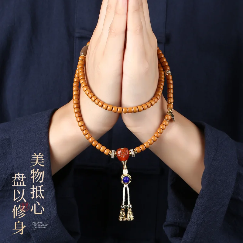 Natural Laotian olive bracelet with 108 stone-pointed Buddhist , Tibetan-style straight-cut neck prayer beads, multi-