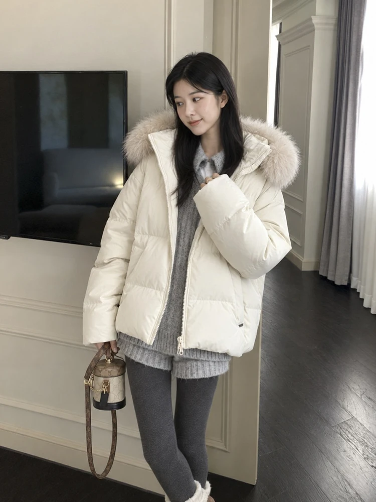 Winter Hooded Natural Large Fur Collar Down Jacket Women White Duck Down Zipper Parker Outwears Female Warm Thick Down Jacket
