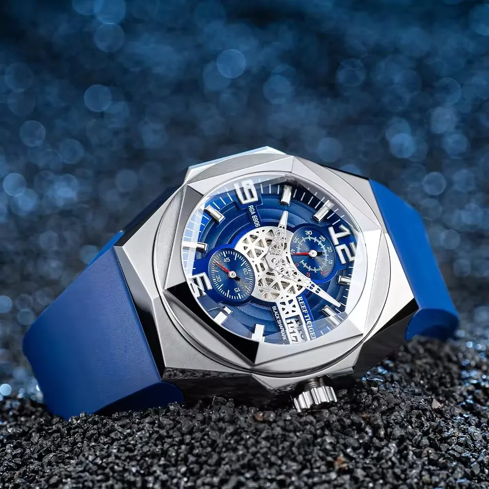 Reef Tiger Men's Automatic Mechanical Sport Watch Waterproof Multifunction Calendar Display Rubber Strap Steel Case