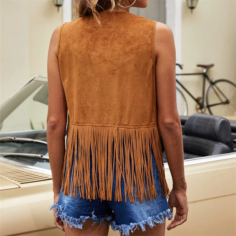 Vintage Women Tassel Vest 70s Hippie Faux Suede Rivets Sleeveless Fringe Jacket Waistcoat Streetwear S-XXXL