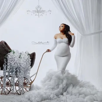 Luxuriöses Meerjungfrau-Umstandskleid für Fotoshooting, Tüll, Rüschen vorne, geteilt, Babyparty-Kleider für Schwangere