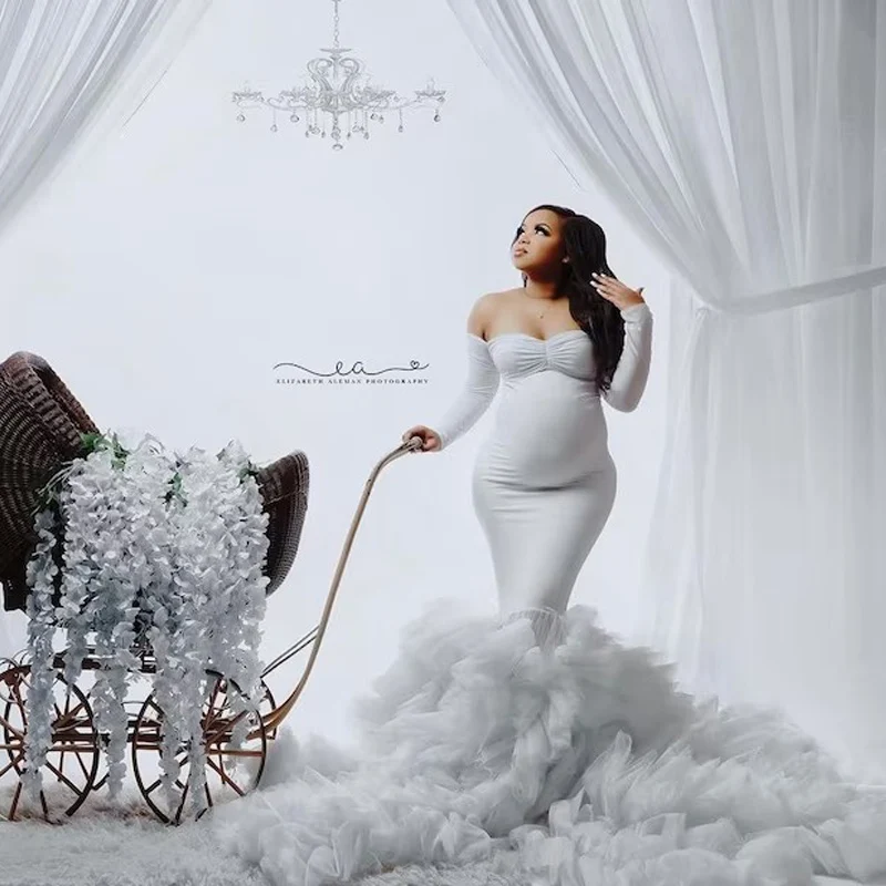 Luksusowa sukienka ciążowa Mermaid sesja zdjęciowa Tiulowe falbany z przodu z rozcięciem sukienki na baby shower dla kobiety w ciąży فساتين حوΓ