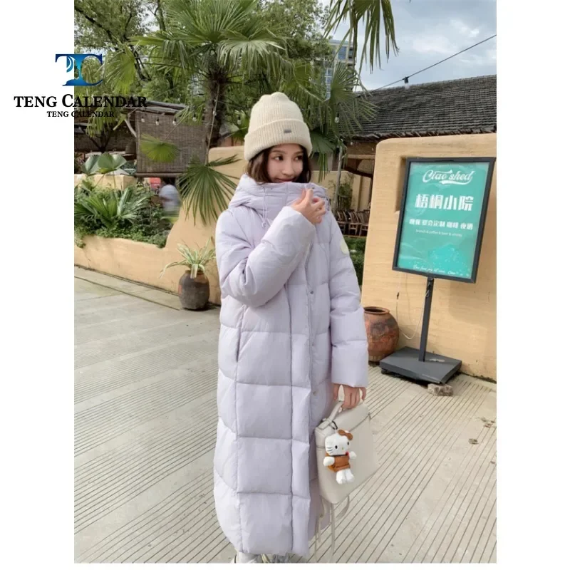 Long Down Jacket with Knee High Hood for Women, Thick and Warm Loose Duck Down Jacket, Korean Style, Fashionable, New Style, 202