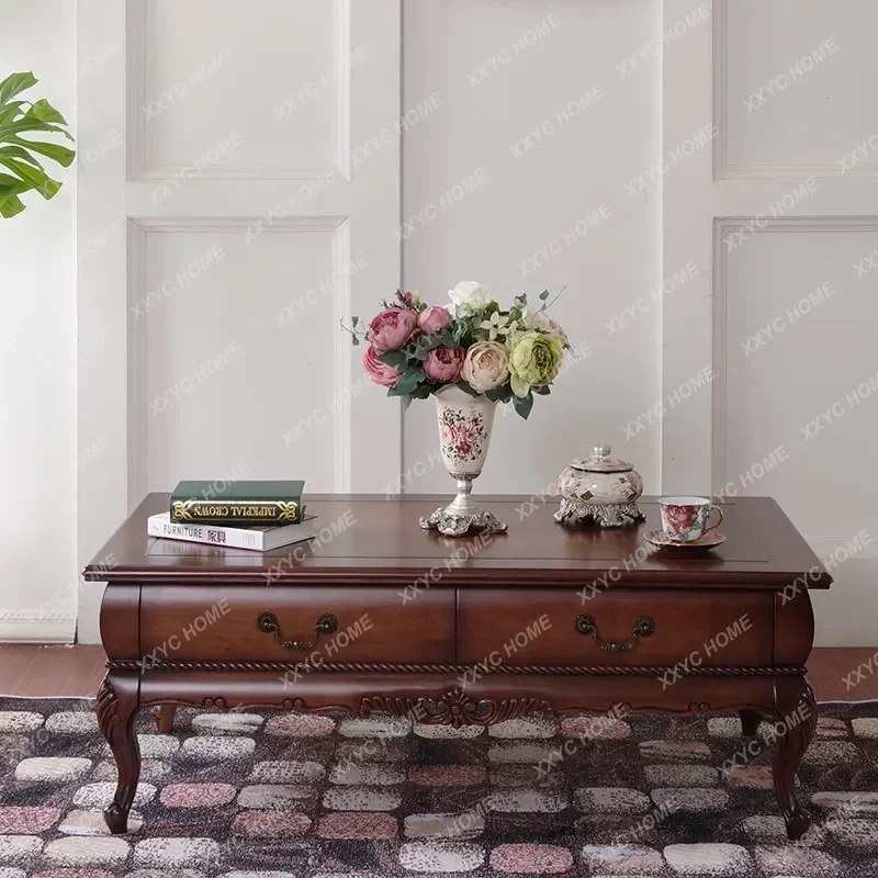 AA Solid wood coffee table living room retro tea table carved storage French light luxury high-end wooden desktop