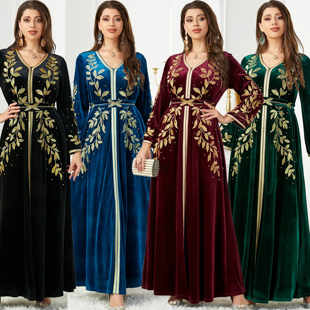 abaya muslim women solid color Autumn and winter embroidered beaded velvet dress traditional muslim clothing accessories 3753