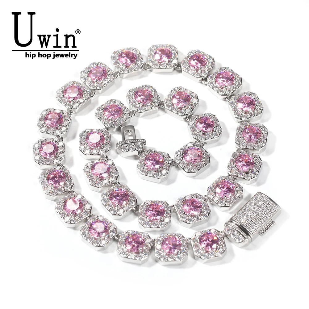 Uwin 12mm Cluster Bracelet Necklace Iced Out Bling Pink Purple Yellow Square Baguettecz Paved Link Chain Hiphop Jewelry For Gift