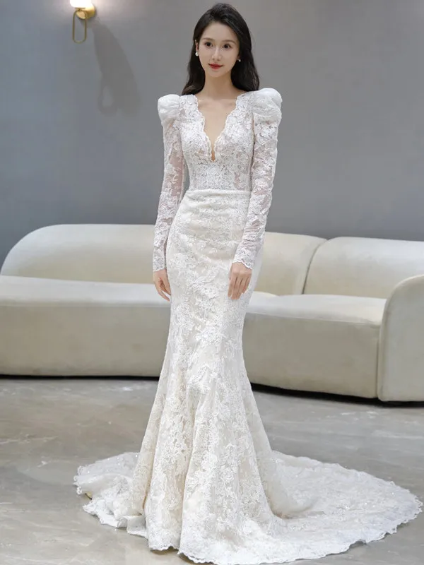 

Slimming White Lace Wedding Dr 2025 New Sle Long Sve Fi Tail Korean Simple Guest Gown Skirt for Young Brides