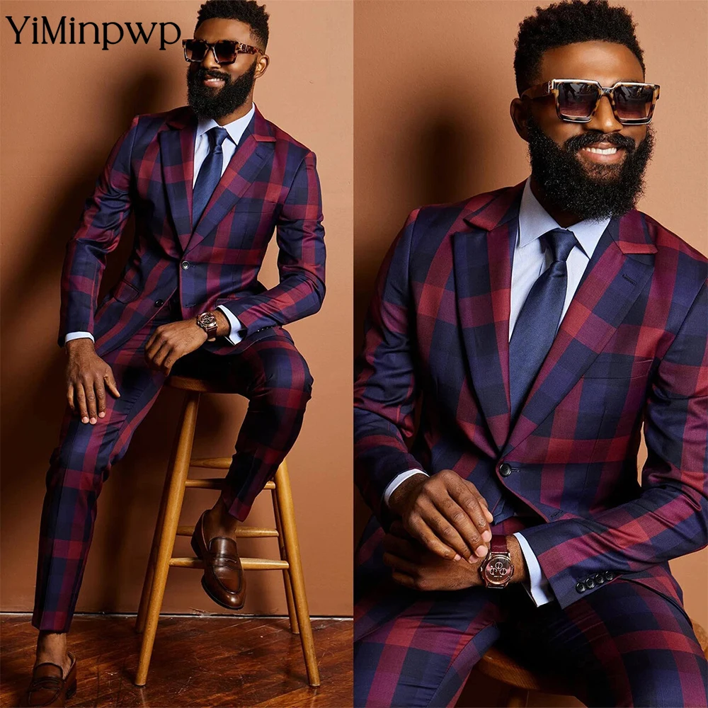 

High Quality Plaid Men's Suits 2 Piece Wool Blend Formal Office Wedding Stripe Evening Gown Wear Male Suits Jacket+Pants XS-5