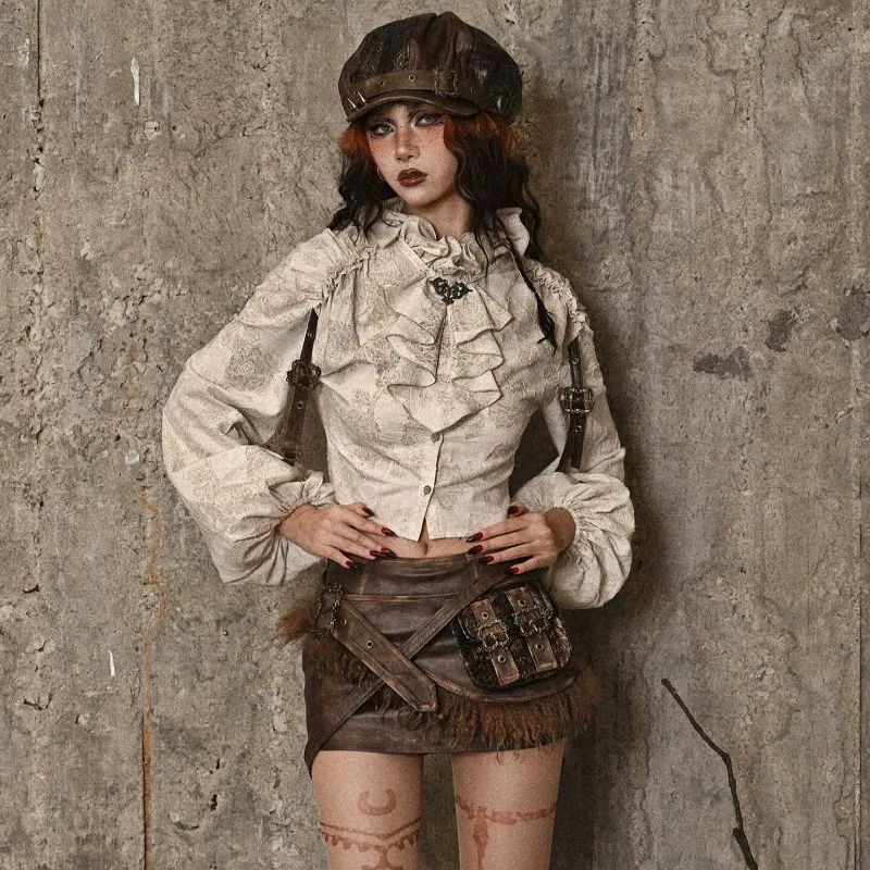 Steampunk Vintage Linen Blend Blouse Women Stand Collar Ruffle Puff Sleeve Distressed European Retro Shirt Top