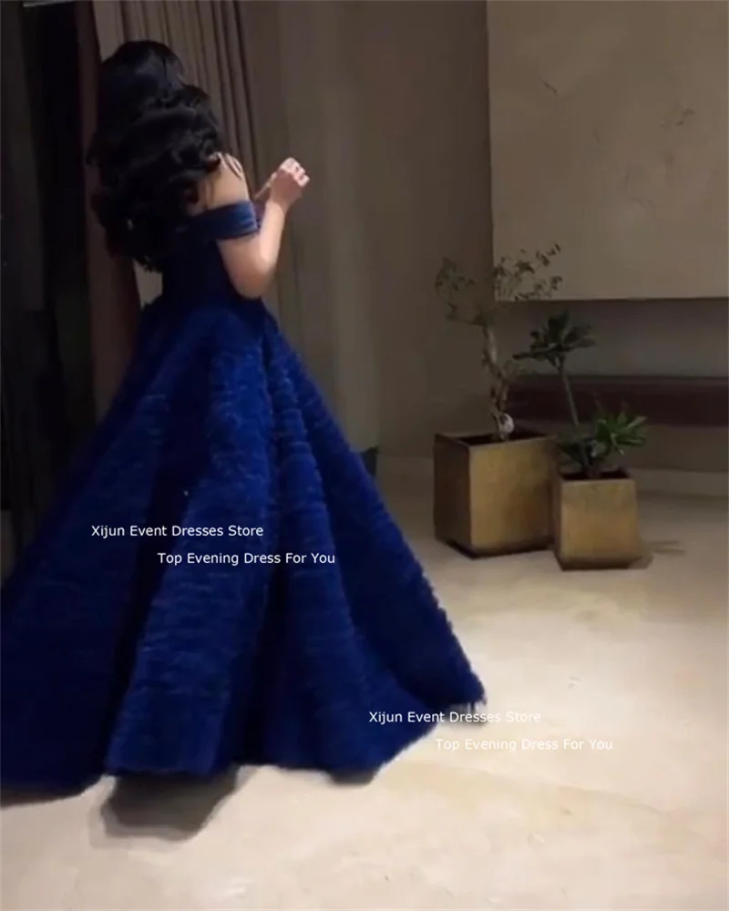 Xijun Navy Blue Tulle Evening Dresses Saudi Arabric Off The Shoulder Prom Dresses Gogerous Ruffles Tiered Prom Gowns Party Gown